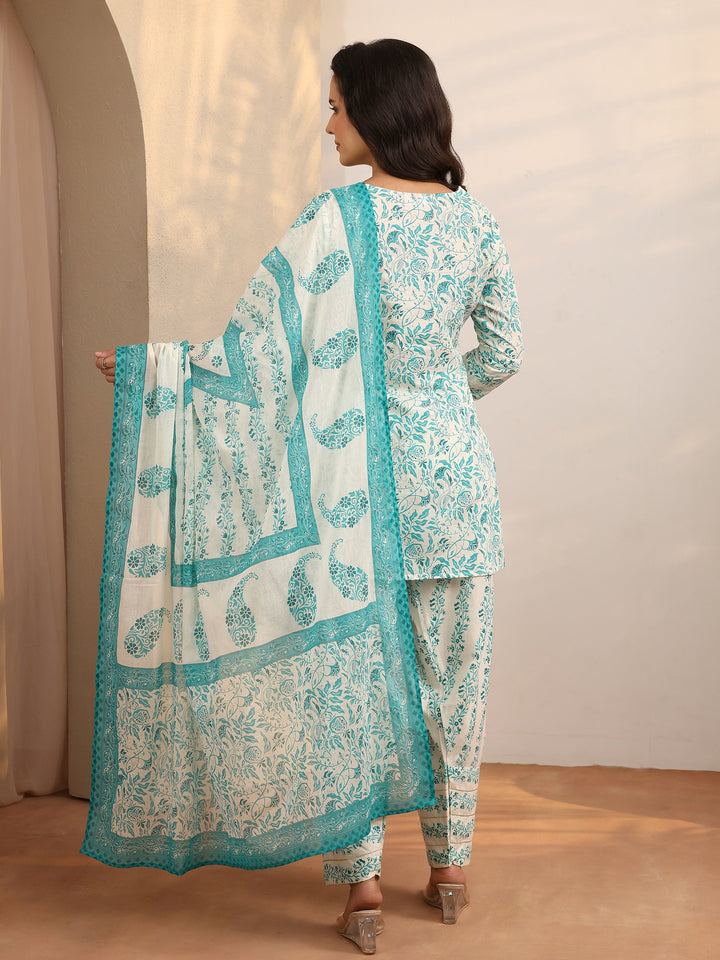 Blue Printed Cotton Straight Suit Set With Dupatta