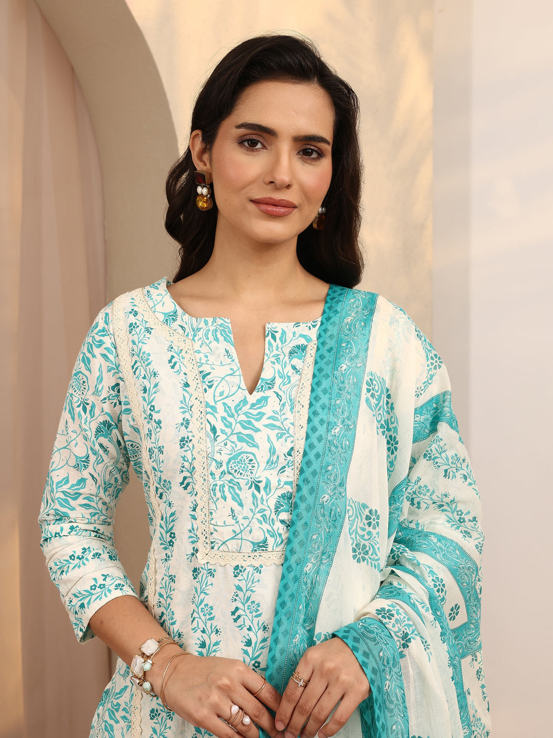 Blue Printed Cotton Straight Suit Set With Dupatta