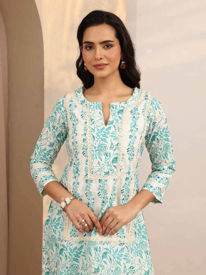 Blue Printed Cotton Straight Suit Set With Dupatta