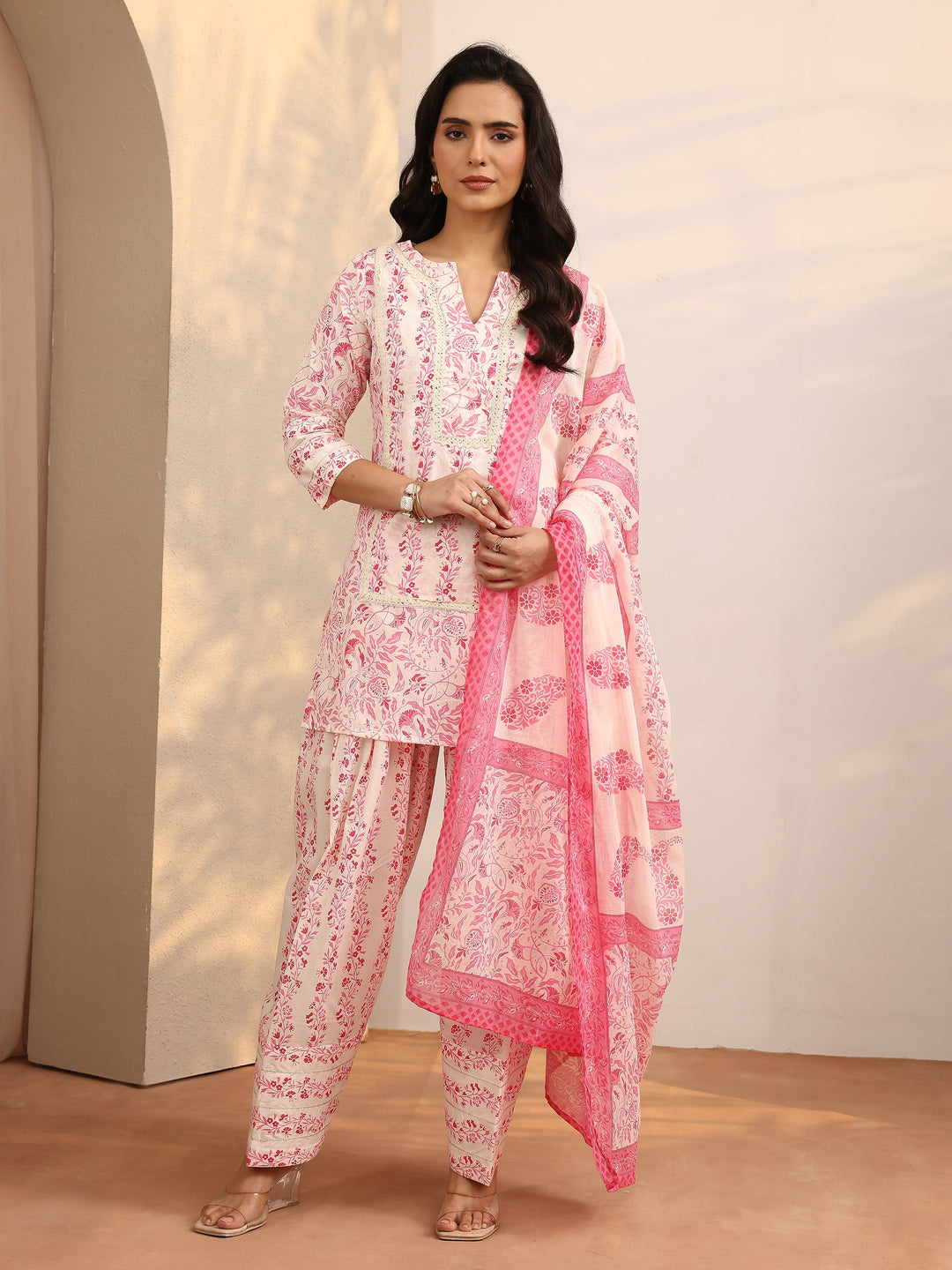 Pink Printed Cotton Straight Suit Set With Dupatta