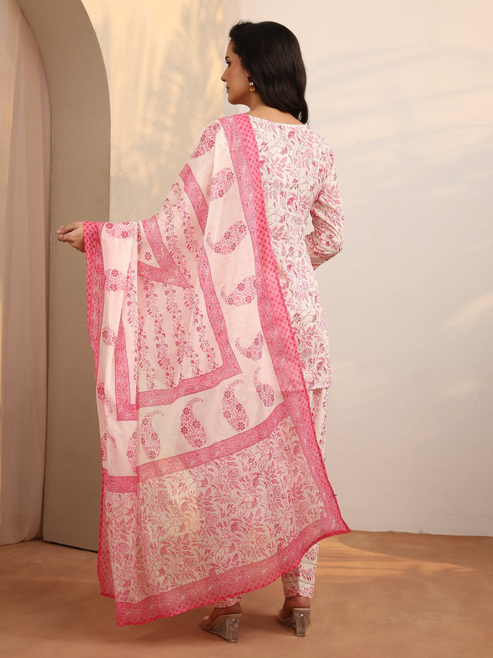 Pink Printed Cotton Straight Suit Set With Dupatta