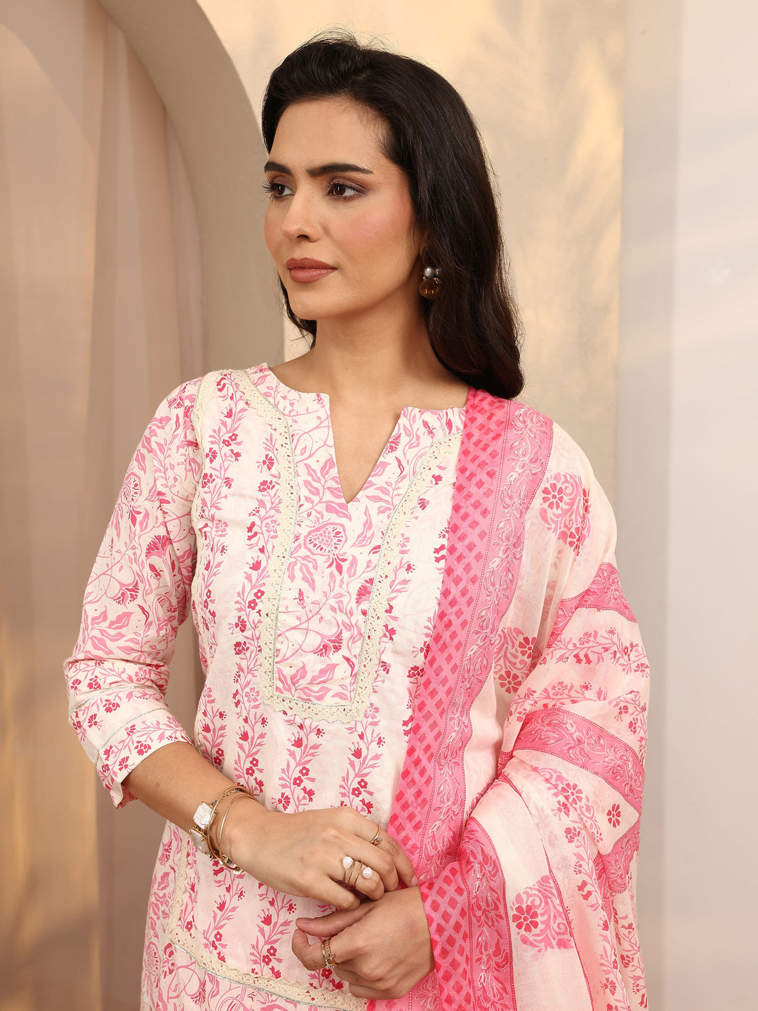 Pink Printed Cotton Straight Suit Set With Dupatta