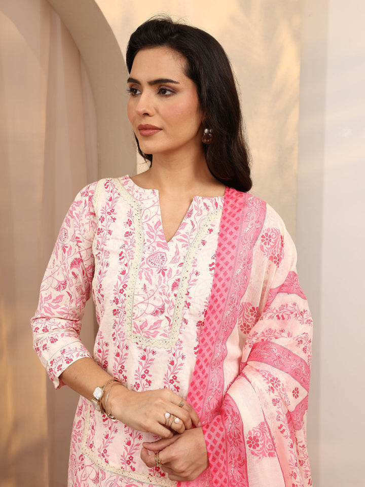 Pink Printed Cotton Straight Suit Set With Dupatta