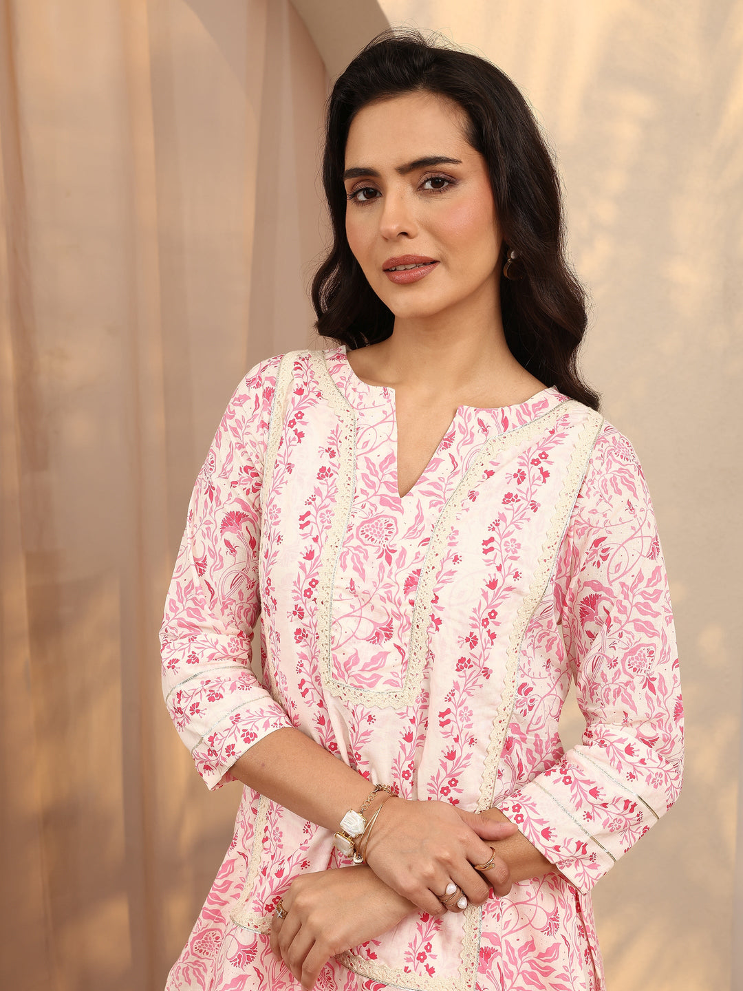 Pink Printed Cotton Straight Suit Set With Dupatta