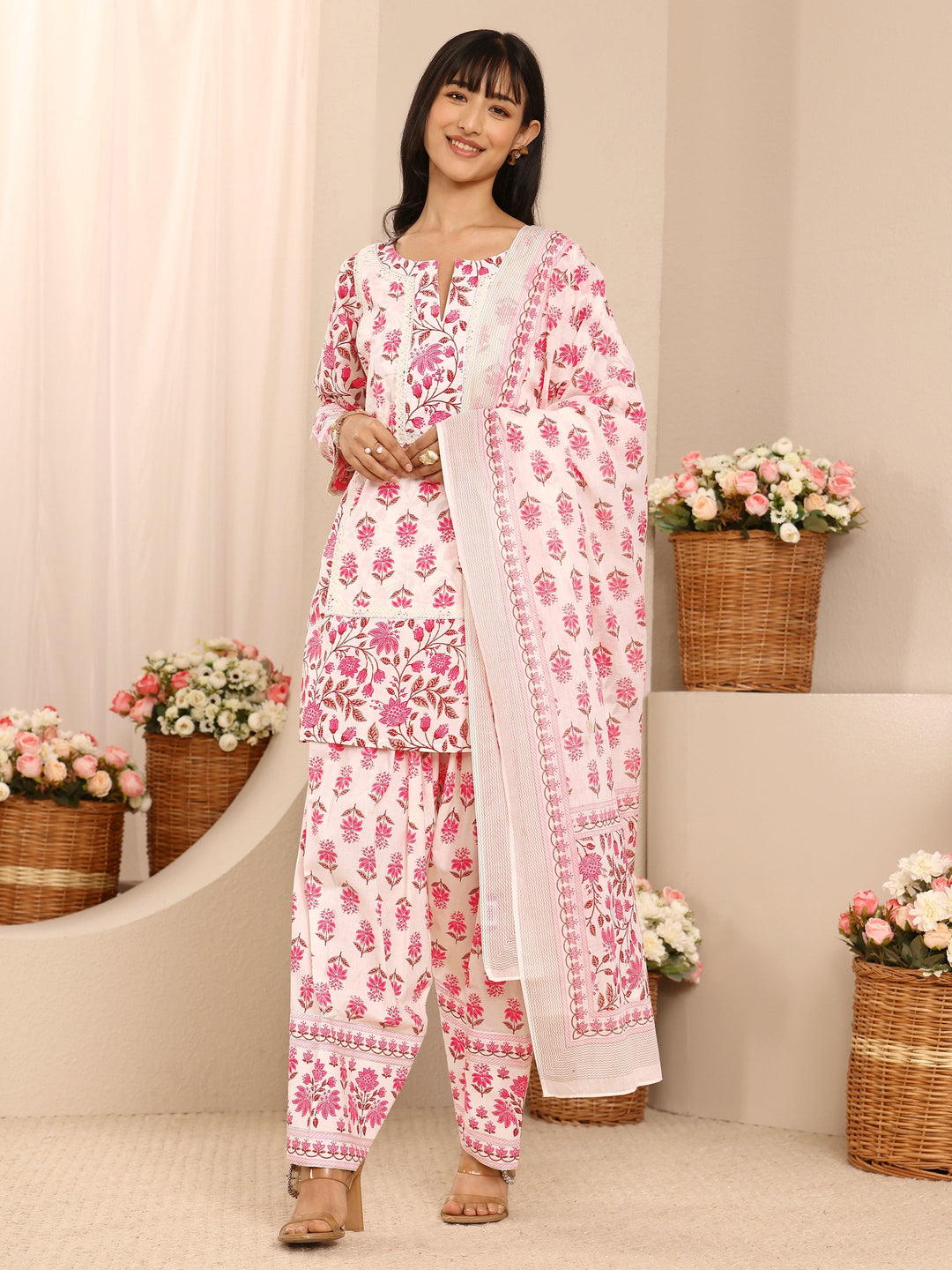Pink Floral Printed Cotton Straight Suit Set With Dupatta