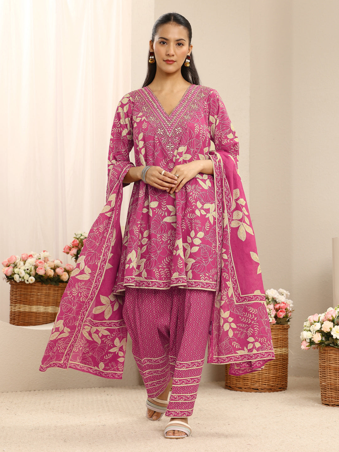 Pink Floral Printed Cotton A-Line Suit Set With Dupatta