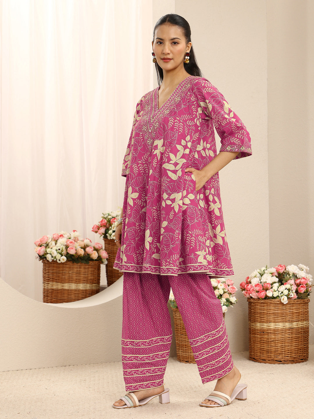 Pink Floral Printed Cotton A-Line Suit Set With Dupatta