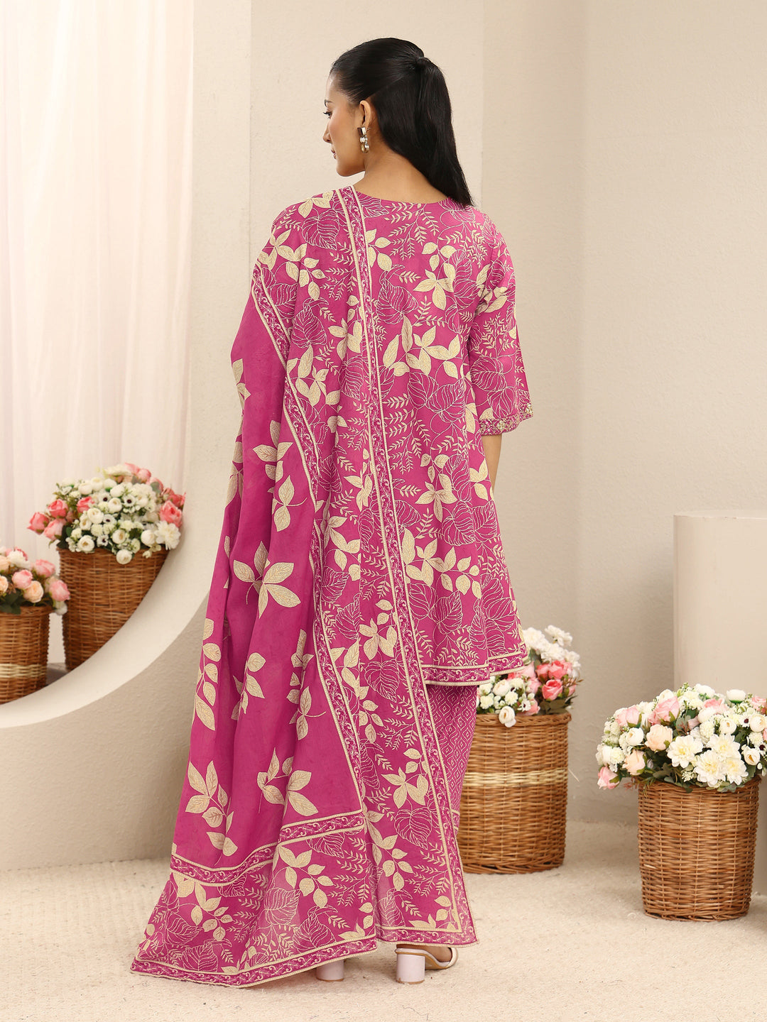 Pink Floral Printed Cotton A-Line Suit Set With Dupatta