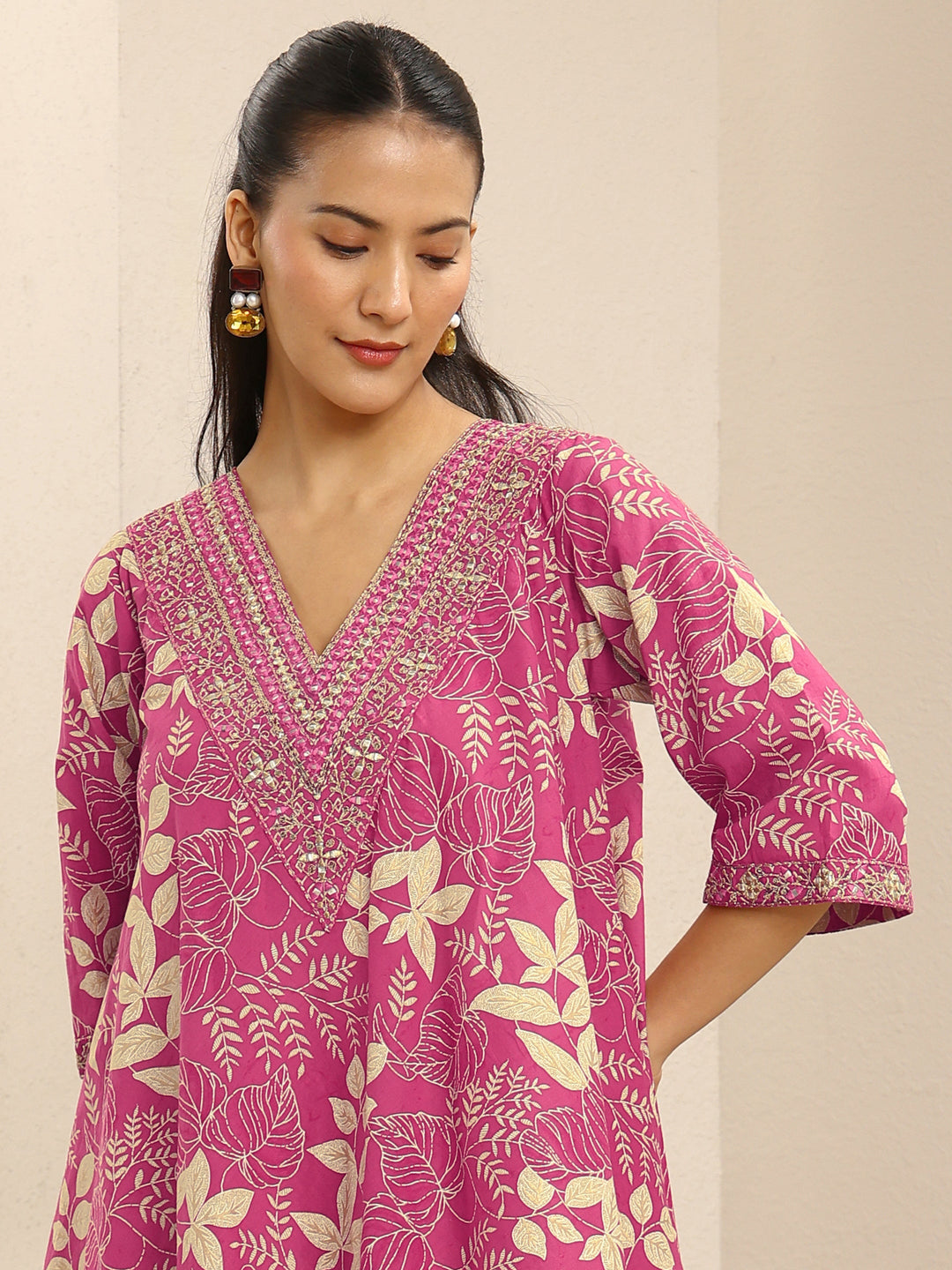 Pink Floral Printed Cotton A-Line Suit Set With Dupatta