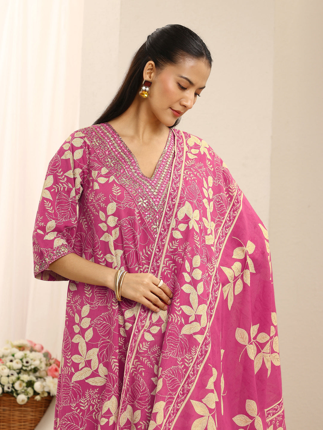 Pink Floral Printed Cotton A-Line Suit Set With Dupatta