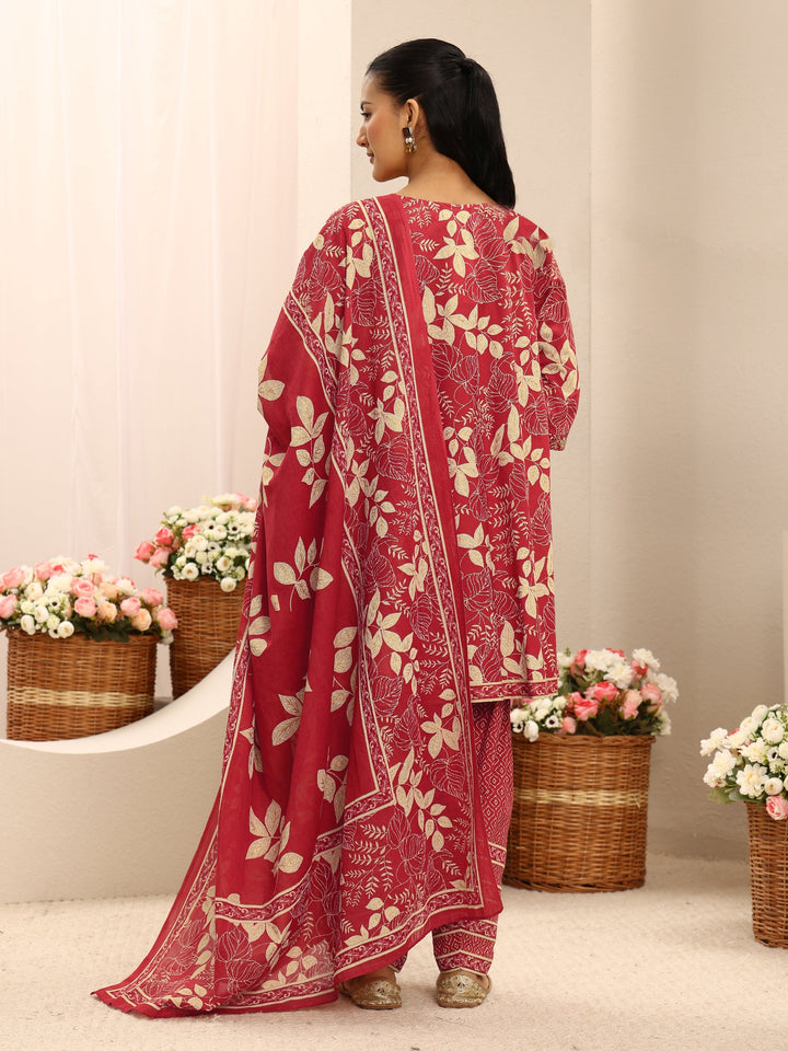 Red Floral Printed Cotton A-Line Suit Set With Dupatta
