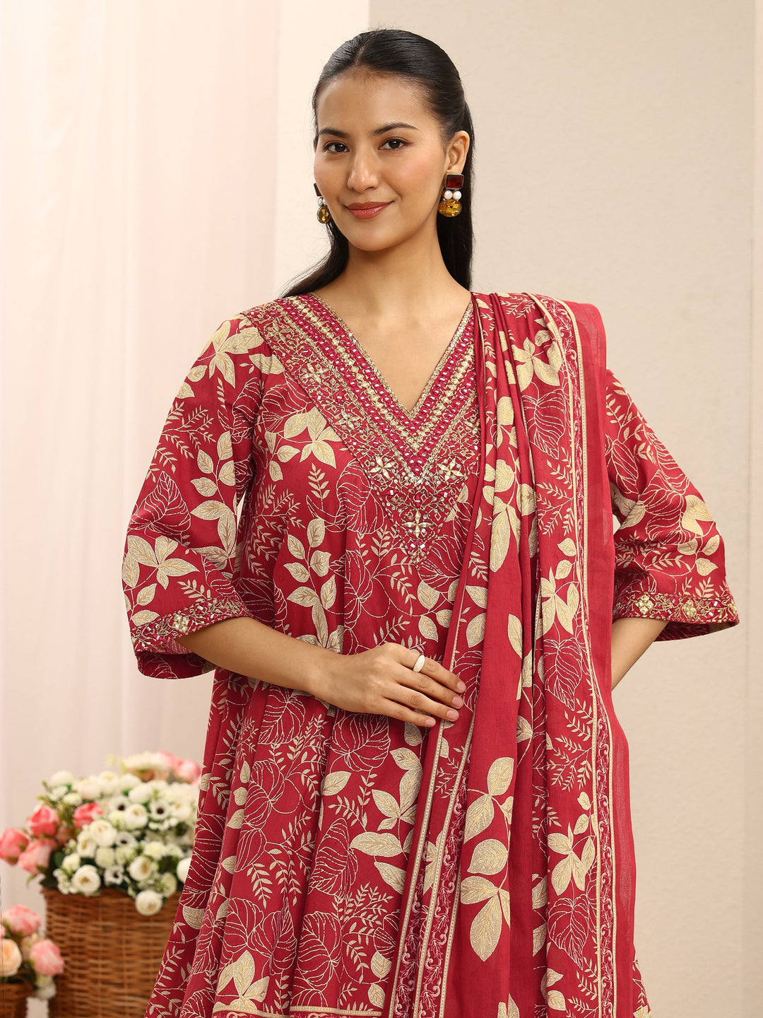 Red Floral Printed Cotton A-Line Suit Set With Dupatta