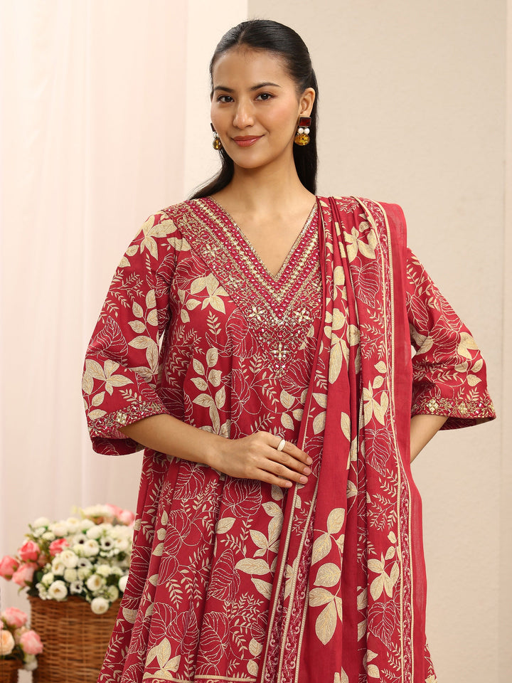 Red Floral Printed Cotton A-Line Suit Set With Dupatta
