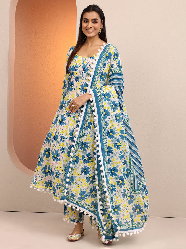 Blue Printed Cotton A-line Suit Set With Dupatta