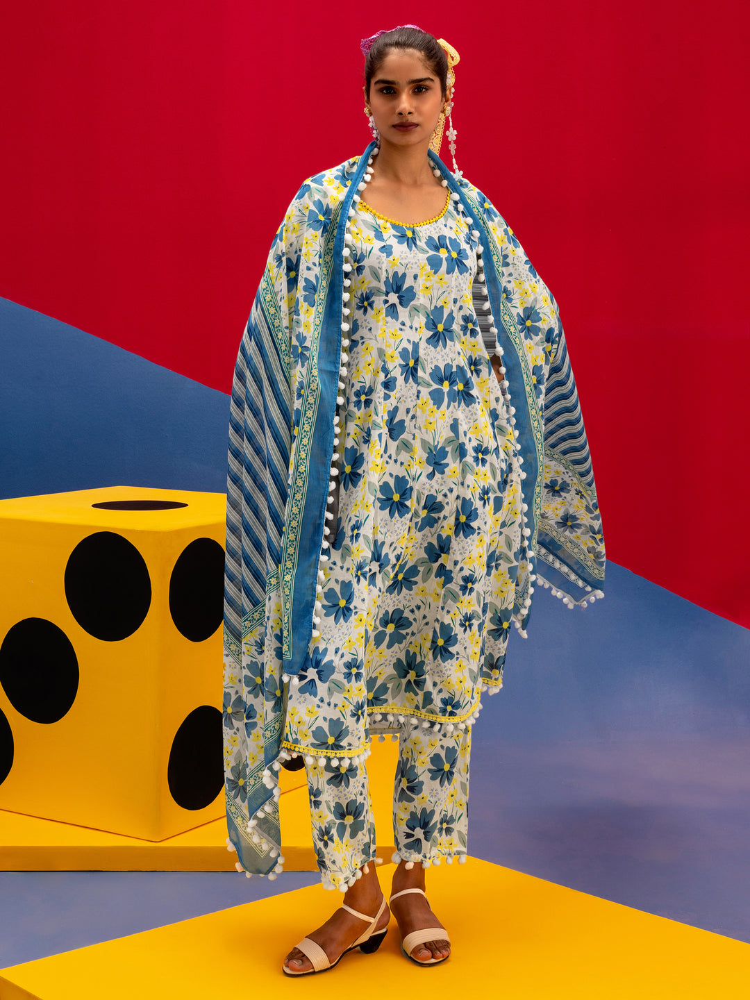 Zoe Blue Printed Cotton A-line Suit Set With Dupatta