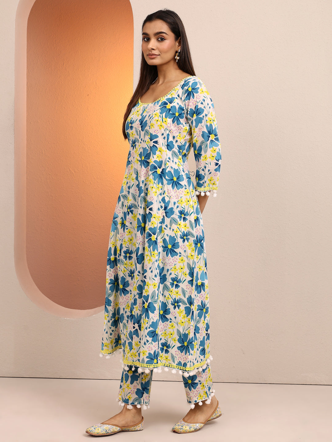 Blue Printed Cotton A-line Suit Set With Dupatta