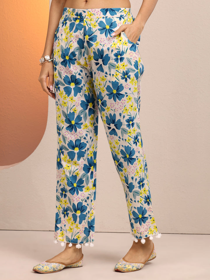 Blue Printed Cotton A-line Suit Set With Dupatta