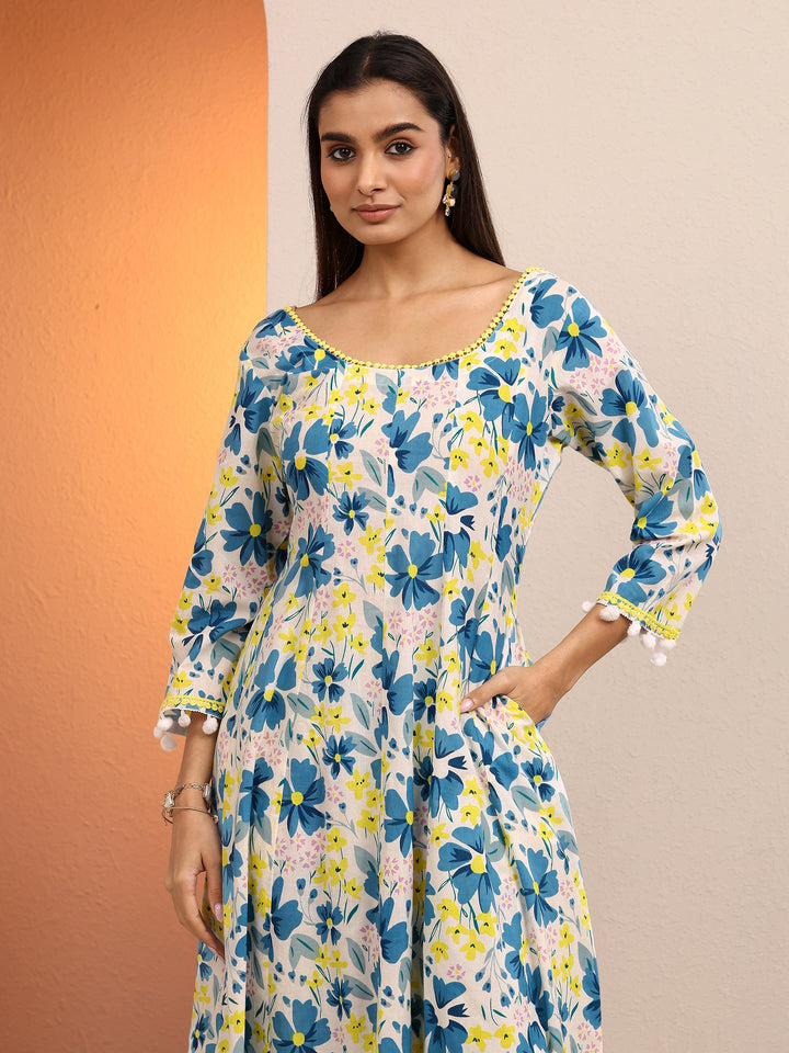 Blue Printed Cotton A-line Suit Set With Dupatta