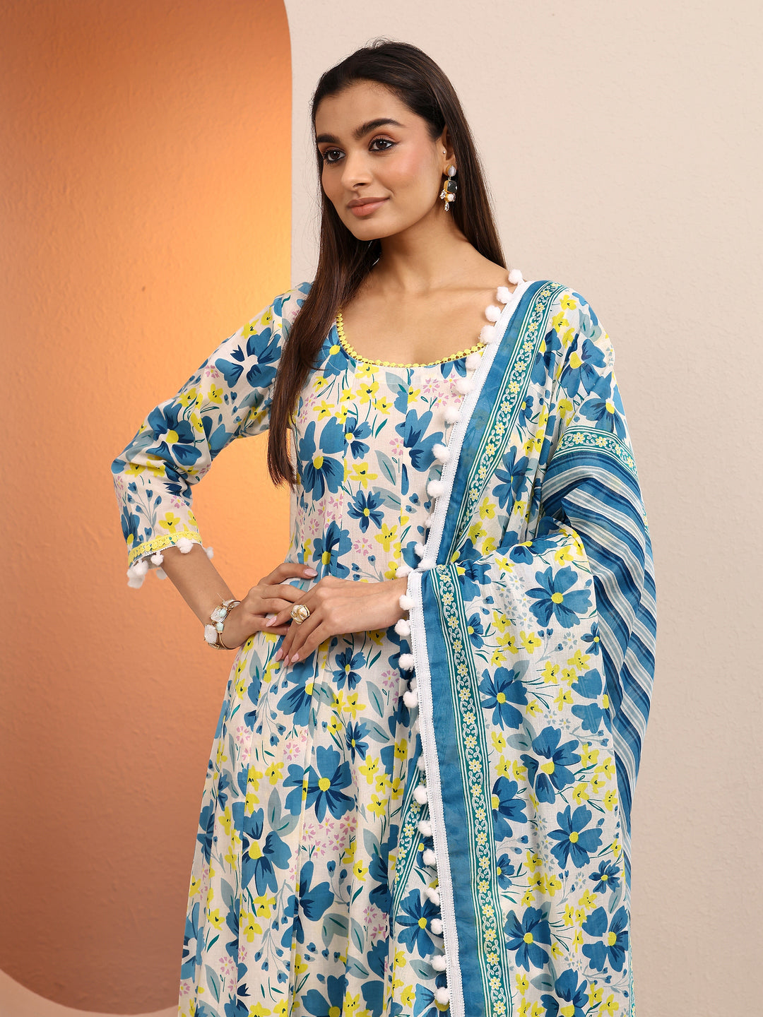 Blue Printed Cotton A-line Suit Set With Dupatta