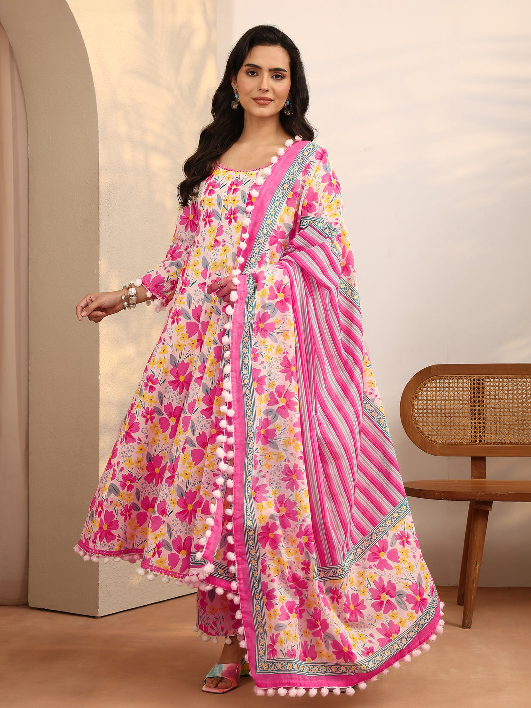 Pink Printed Cotton A-Line Suit Set With Dupatta