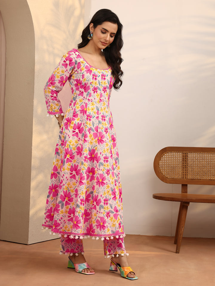 Pink Printed Cotton A-Line Suit Set With Dupatta