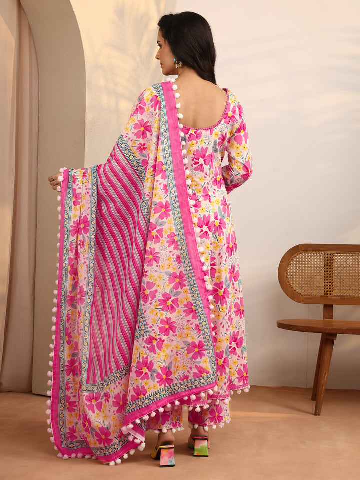 Pink Printed Cotton A-Line Suit Set With Dupatta