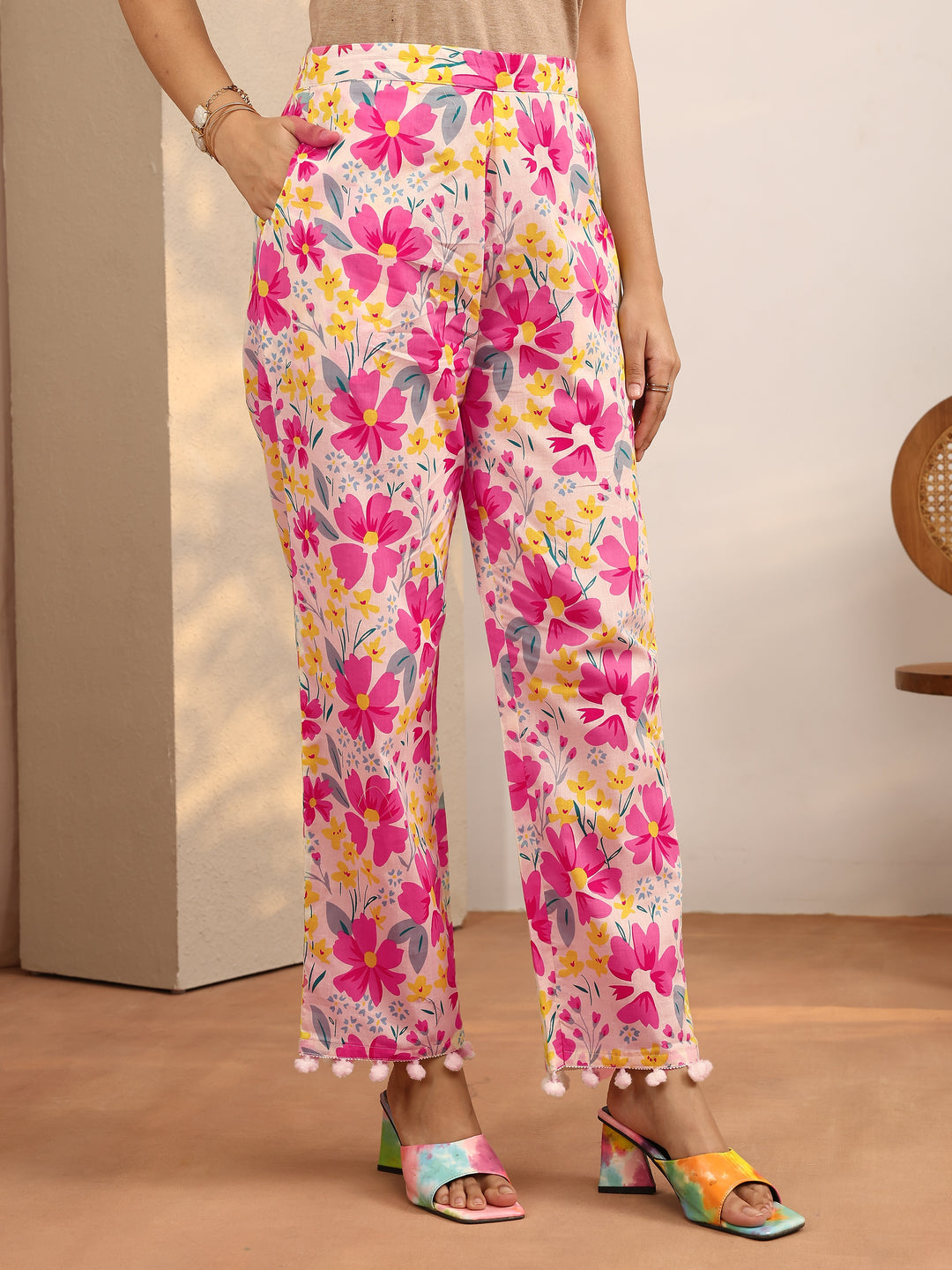 Pink Printed Cotton A-Line Suit Set With Dupatta