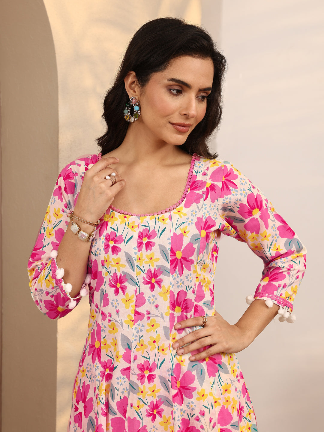 Pink Printed Cotton A-Line Suit Set With Dupatta