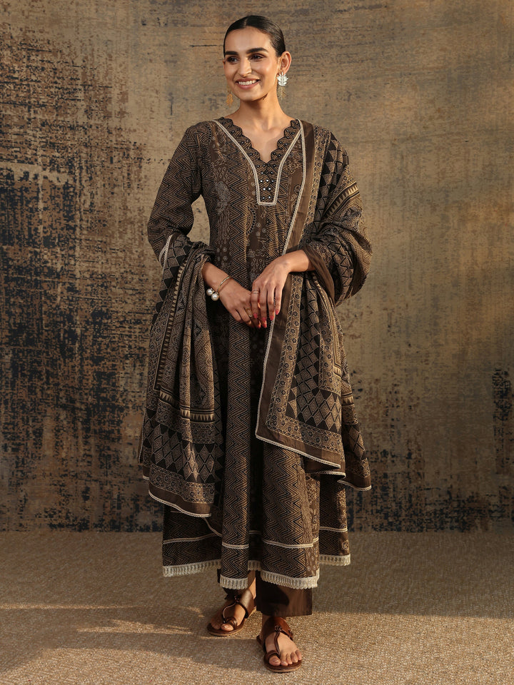 Brown Printed Cotton Straight Suit Set With Dupatta
