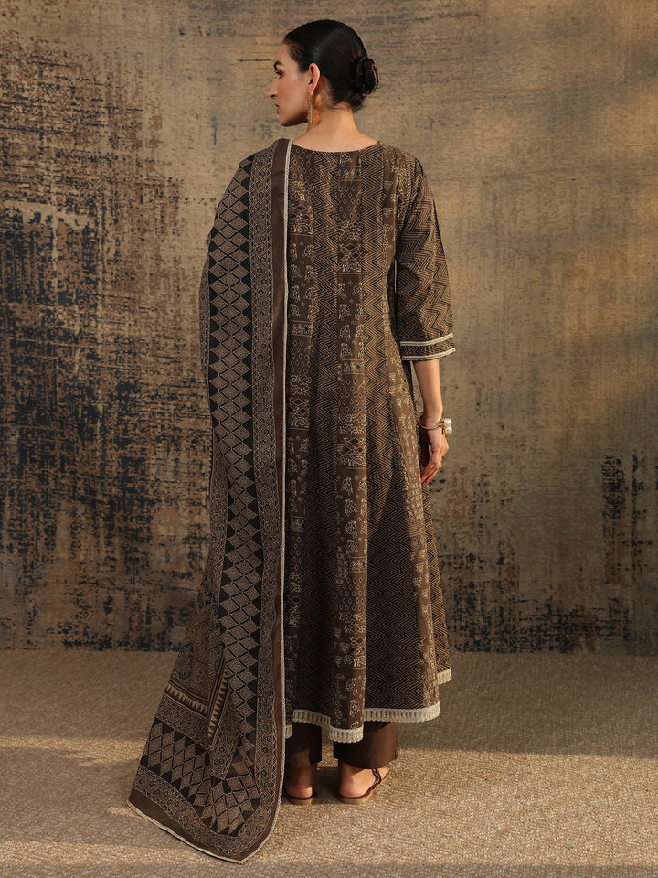 Brown Printed Cotton Straight Suit Set With Dupatta