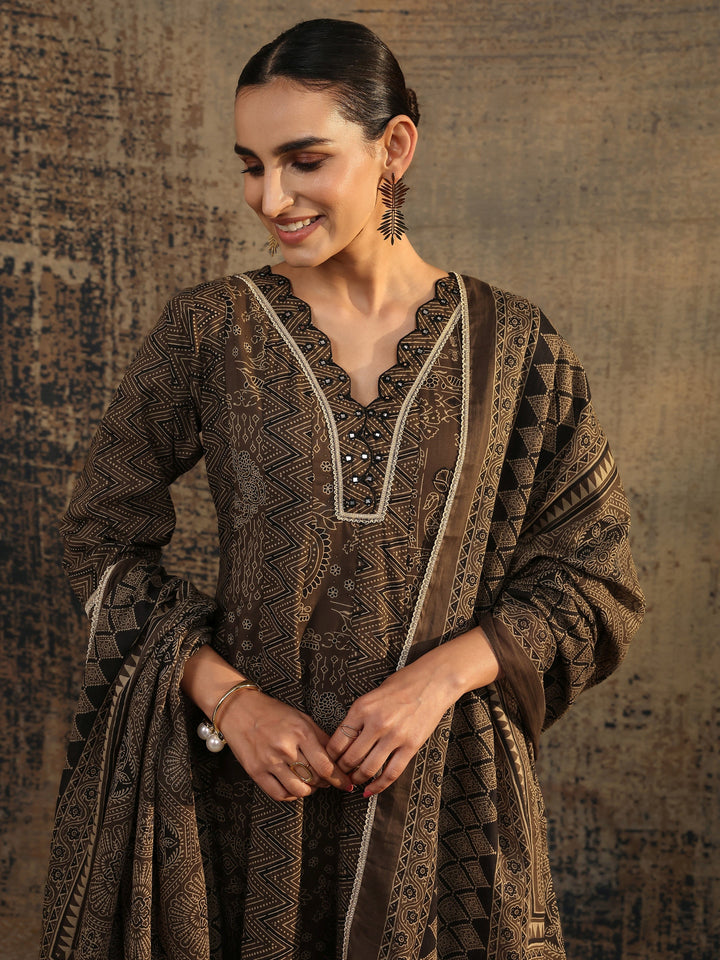 Brown Printed Cotton Straight Suit Set With Dupatta