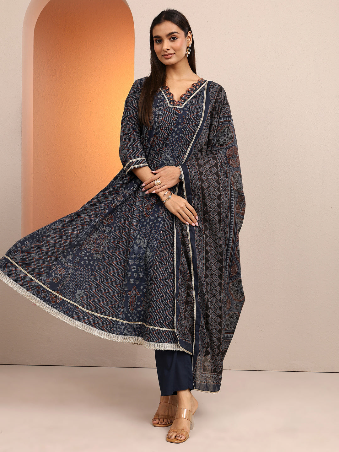 Blue Printed Cotton A-line Suit Set With Dupatta