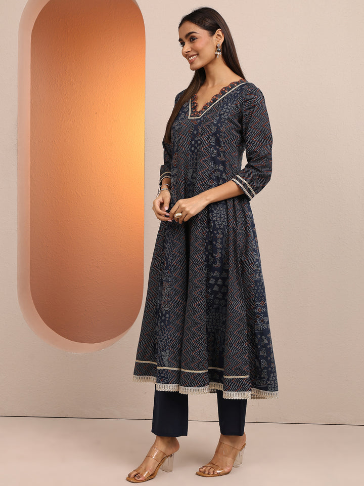 Blue Printed Cotton A-line Suit Set With Dupatta
