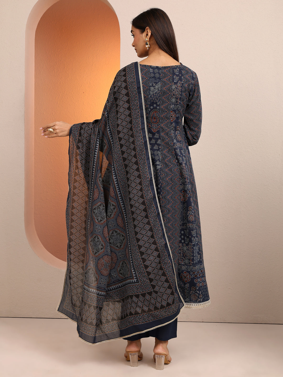 Blue Printed Cotton A-line Suit Set With Dupatta