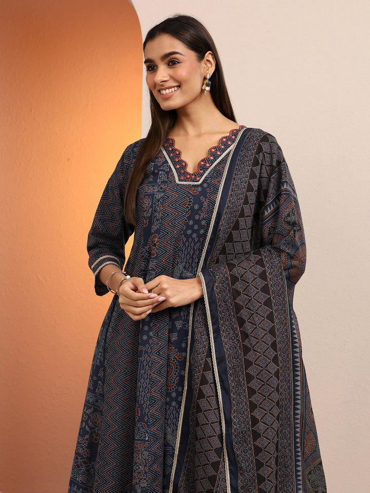 Blue Printed Cotton A-line Suit Set With Dupatta