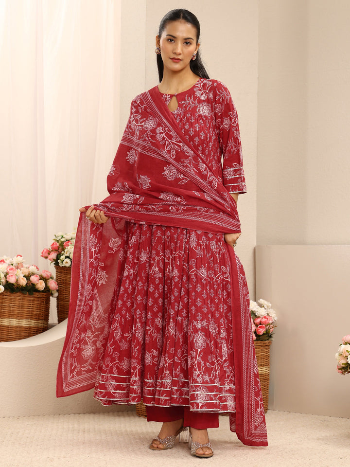 Red Floral Printed Cotton Anarkali Suit Set With Dupatta