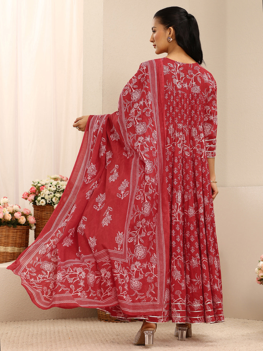 Red Floral Printed Cotton Anarkali Suit Set With Dupatta
