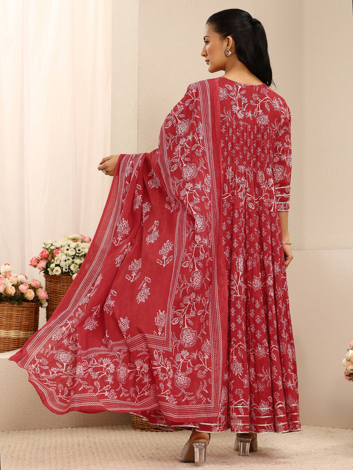 Red Floral Printed Cotton Anarkali Suit Set With Dupatta