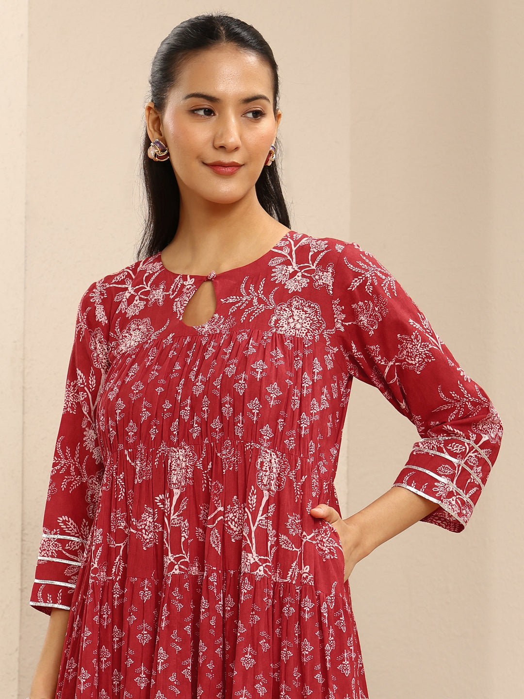 Red Floral Printed Cotton Anarkali Suit Set With Dupatta