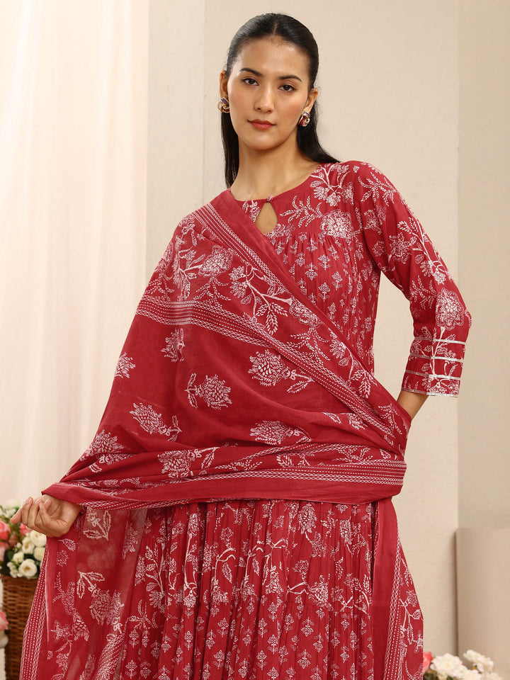 Red Floral Printed Cotton Anarkali Suit Set With Dupatta
