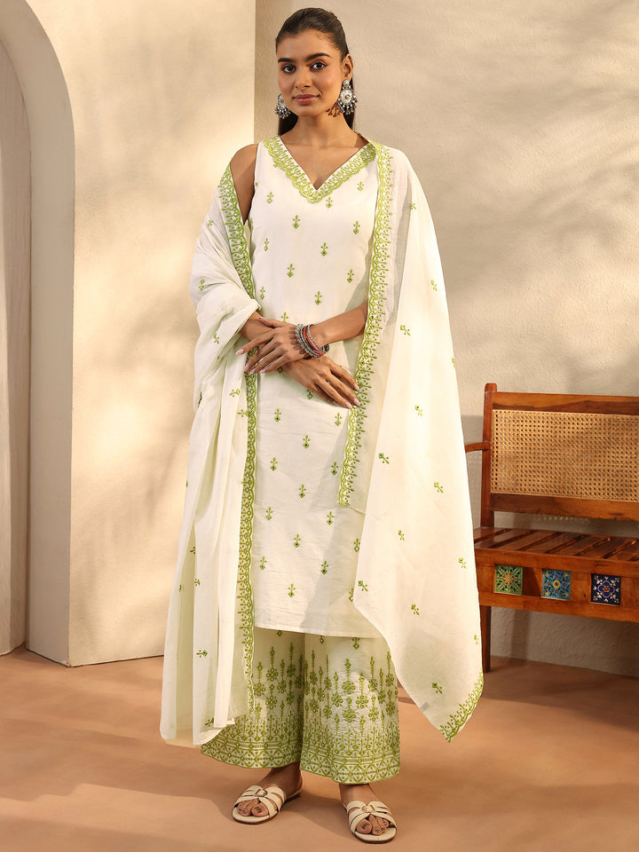 Off White Embroidered Cotton Straight Suit Set With Dupatta
