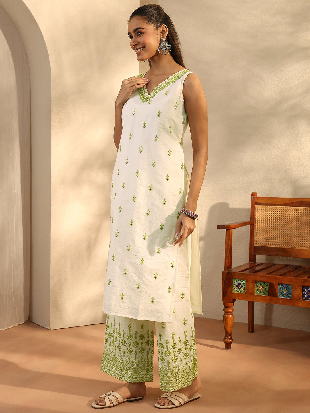 Off White Embroidered Cotton Straight Suit Set With Dupatta