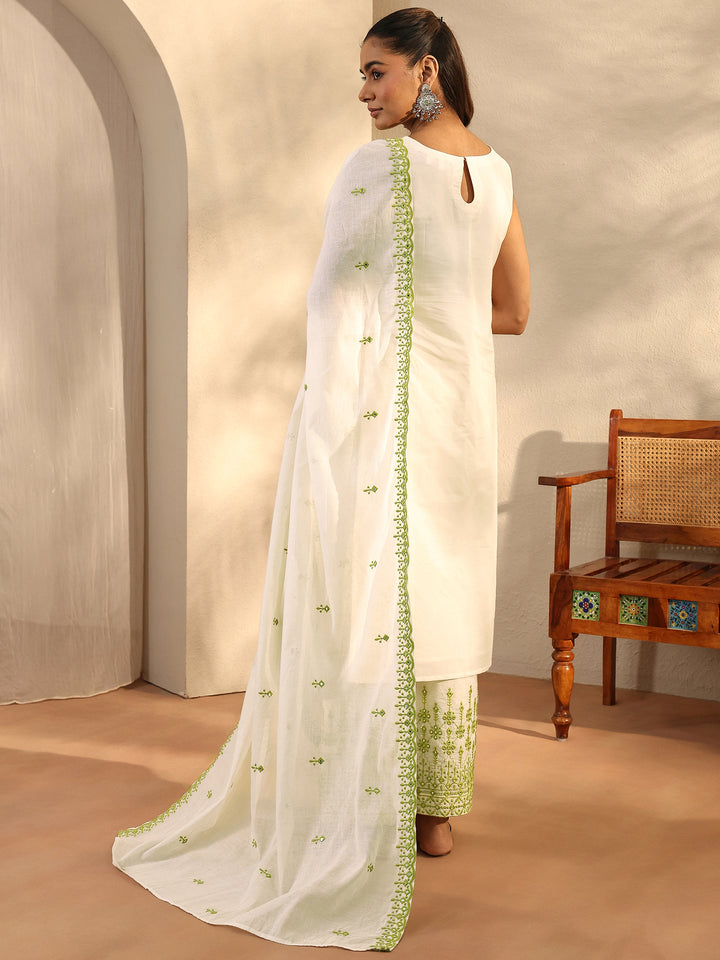 Off White Embroidered Cotton Straight Suit Set With Dupatta