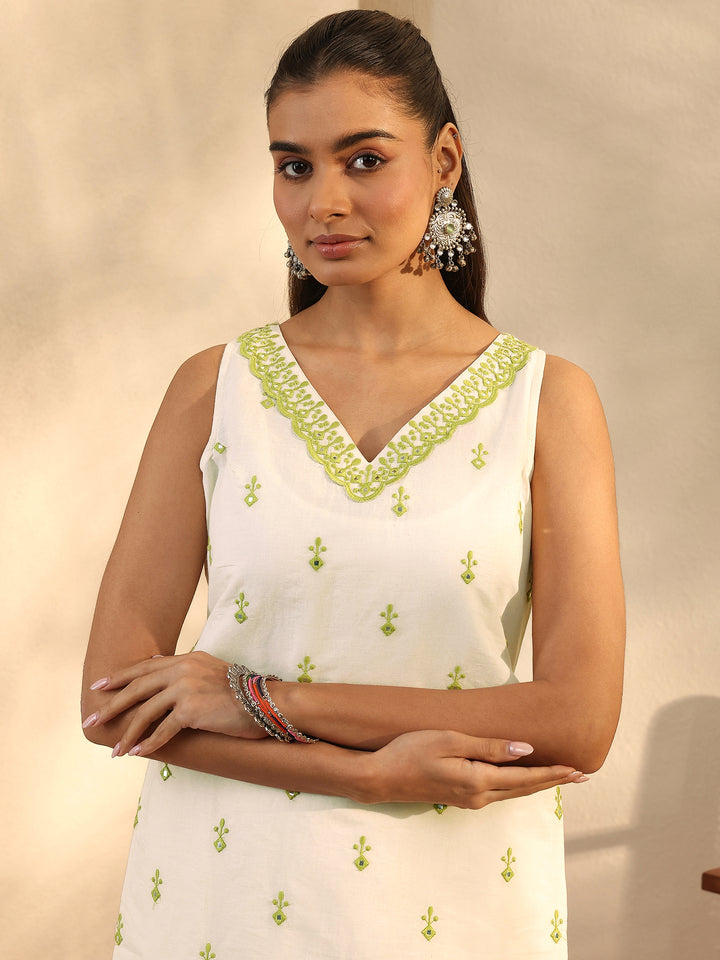 Off White Embroidered Cotton Straight Suit Set With Dupatta