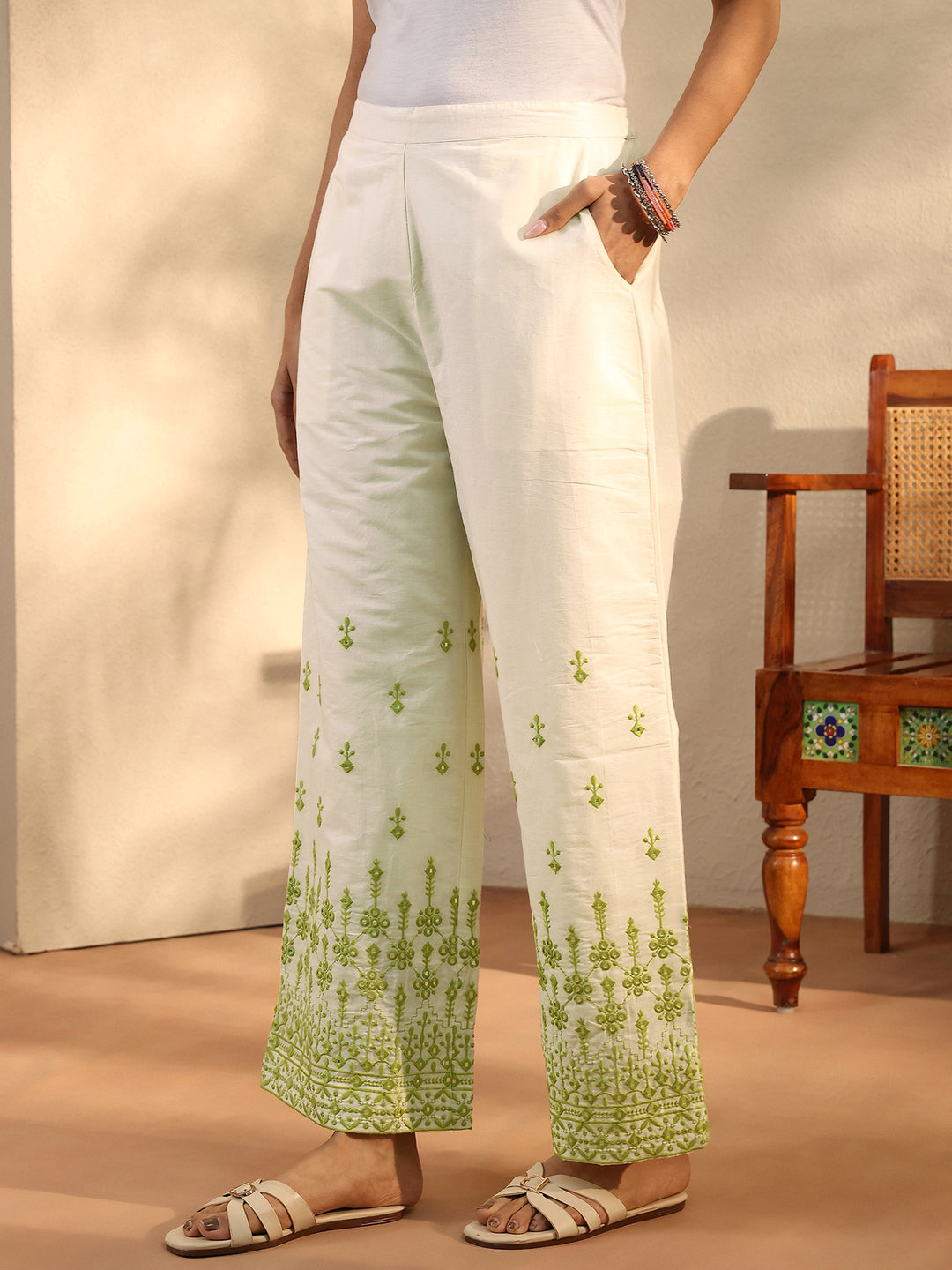 Off White Embroidered Cotton Straight Suit Set With Dupatta