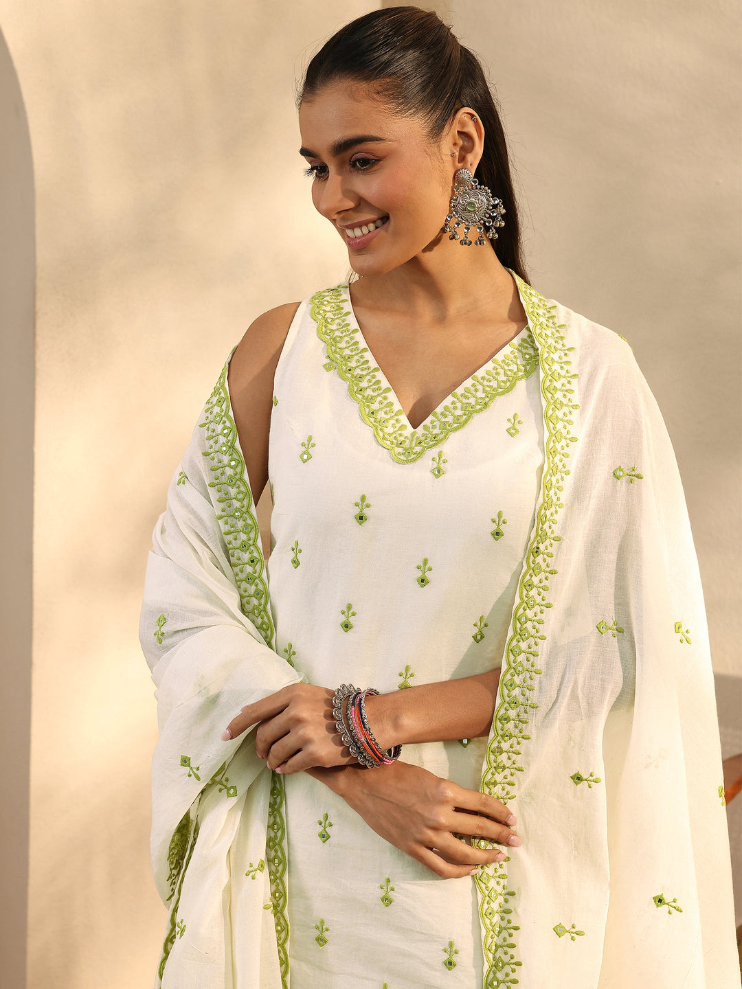 Off White Embroidered Cotton Straight Suit Set With Dupatta