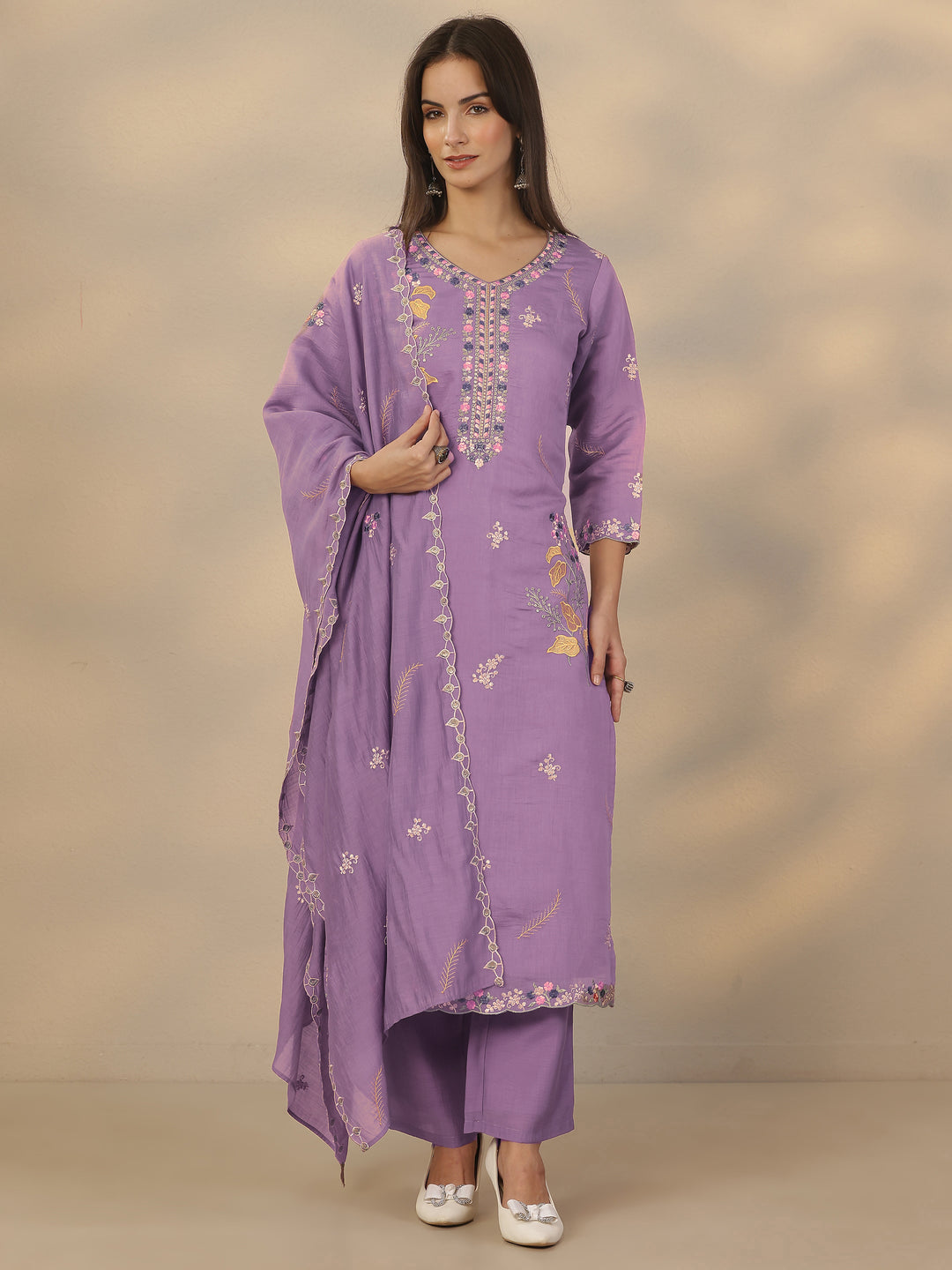 Lavender Embroidered Chanderi Cotton Straight Suit Set With Dupatta