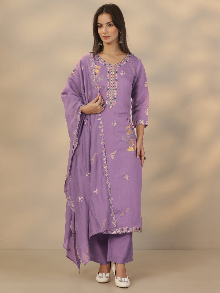 Lavender Embroidered Chanderi Cotton Straight Suit Set With Dupatta