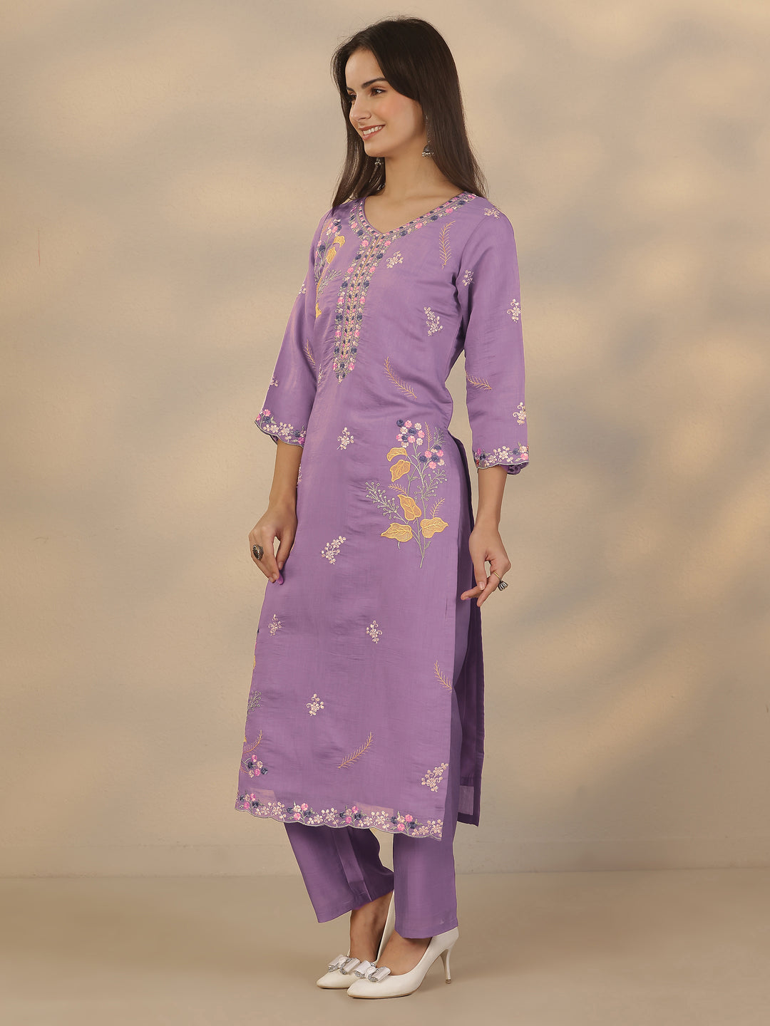 Lavender Embroidered Chanderi Cotton Straight Suit Set With Dupatta