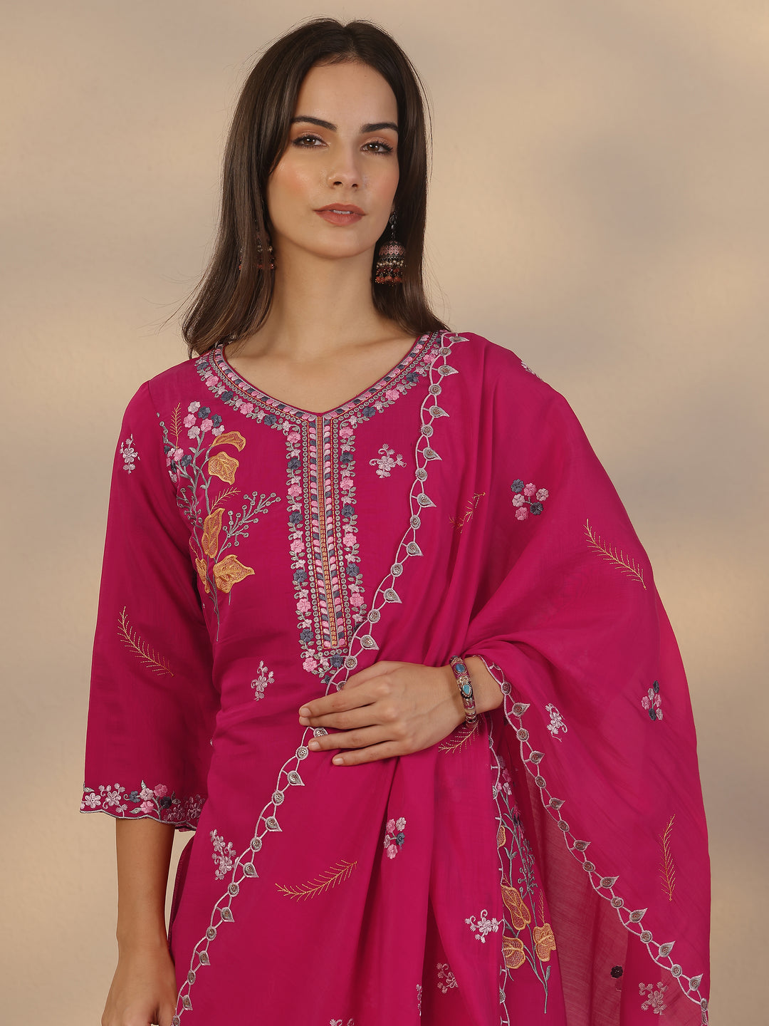 Pink Embroidered Chanderi Cotton Straight Suit Set With Dupatta